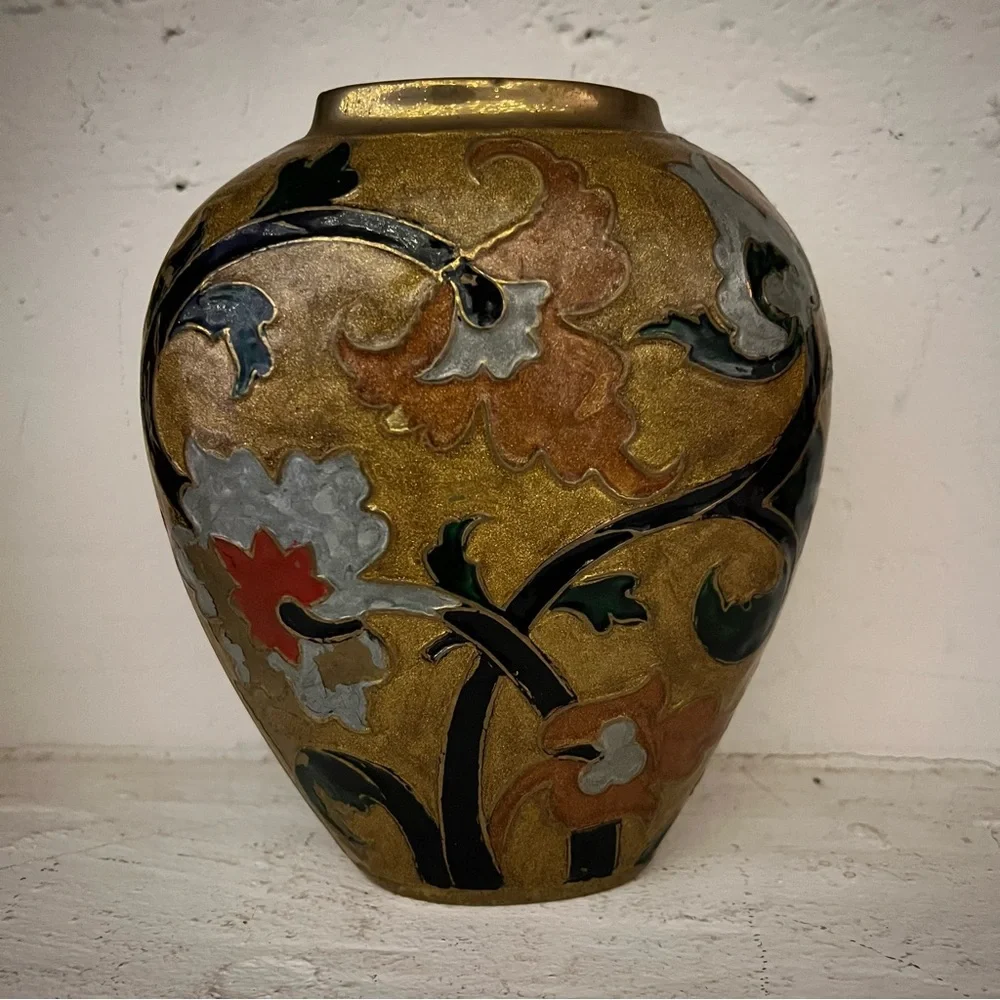 Gorgeous Floral Vase Heavy Enameled Brass Floral Chinese Style